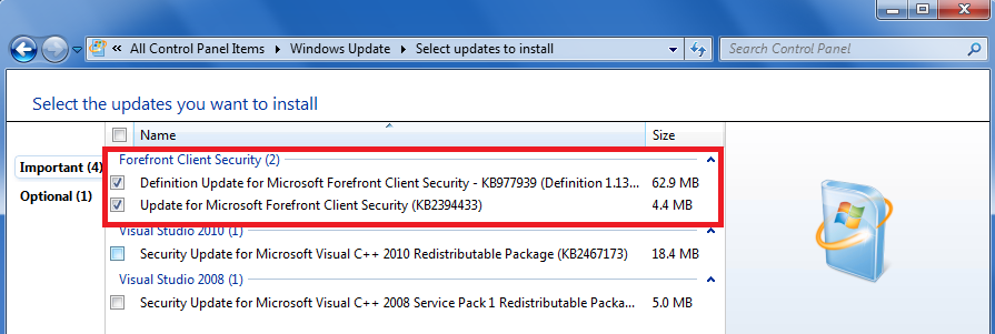 Forefront Security on Windows Server getting Windows Updates