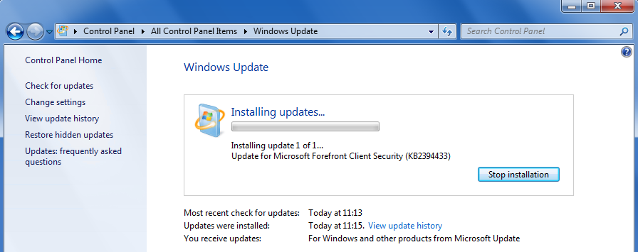 Forefront Security on Windows Server updating via Windows Update