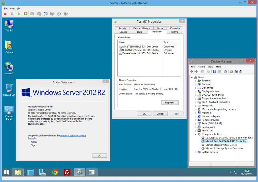 Rocket 2720SGL installed and functioning on a VMware ESXi Windows Server 2012 R2 Virtual Machine