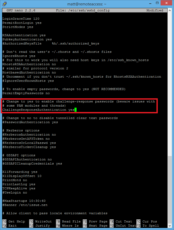 Next type sudo nano /etc/ssh/sshd_config and ensure the line "ChallengeResponseAuthentication yes" is set to yes