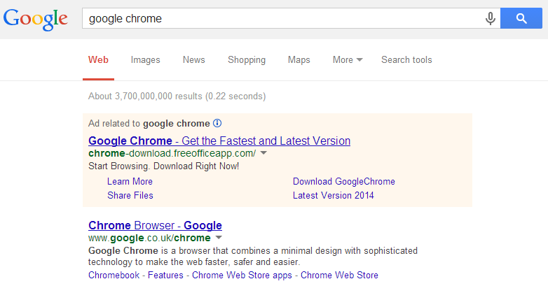 Google Chrome Fake Advert